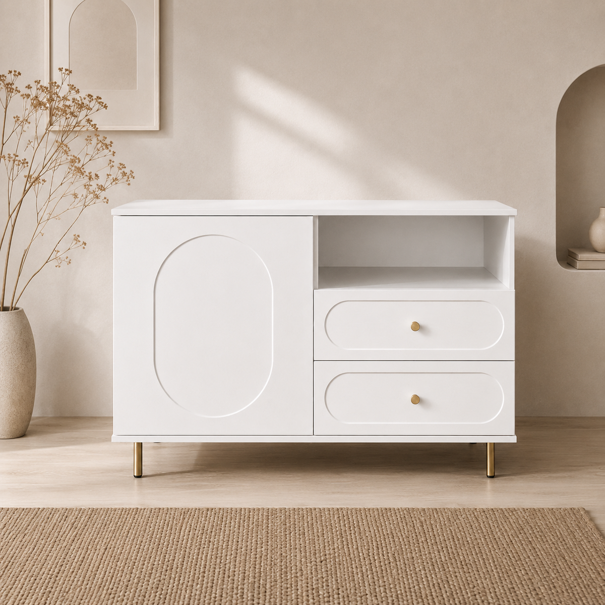 Comodă CORTONA albă cu 1 ușă și 2 sertare, MDF frezat oval vopsit, 105x40x80 cm Arboteca