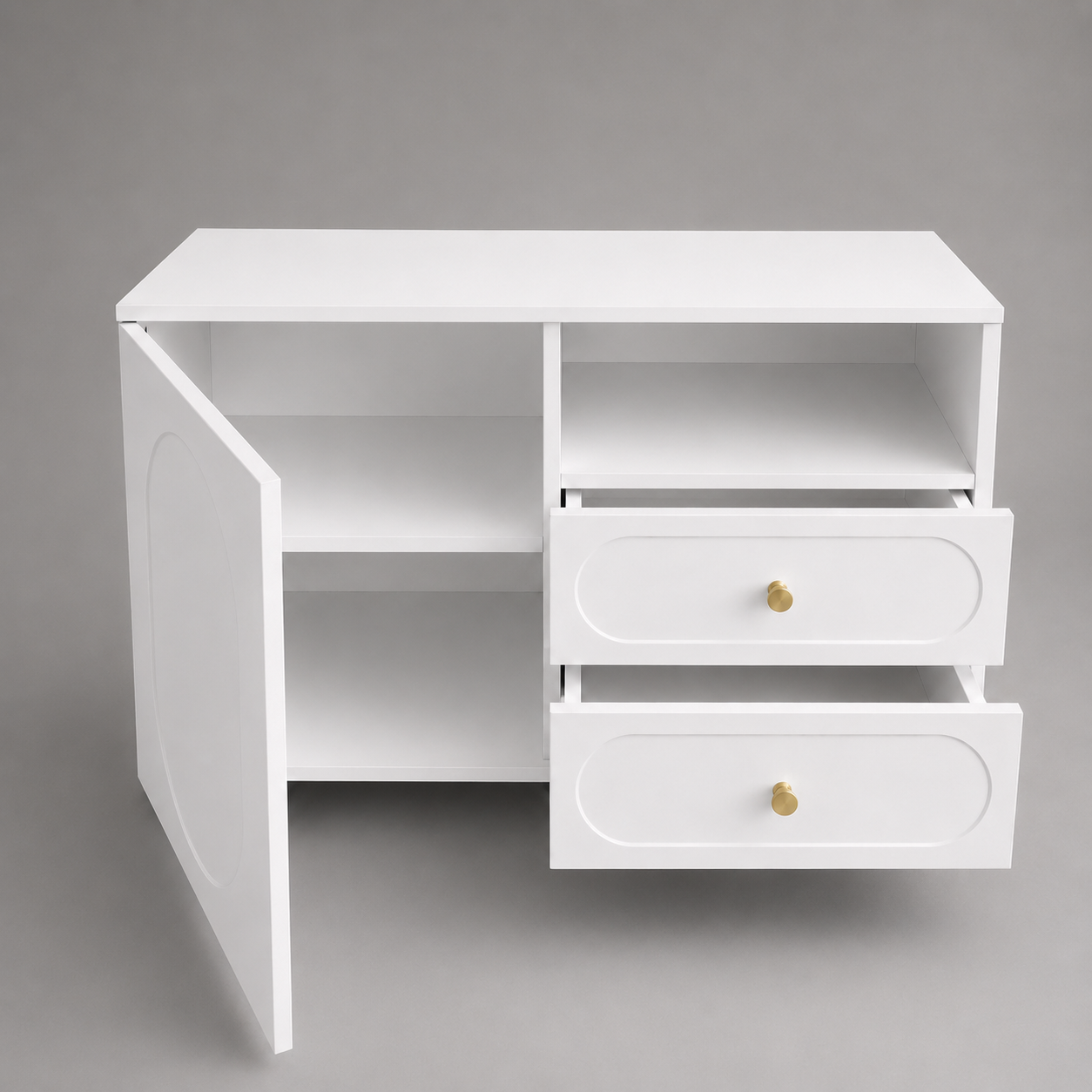 Comodă CORTONA albă cu 1 ușă și 2 sertare, MDF frezat oval vopsit, 105x40x80 cm Arboteca