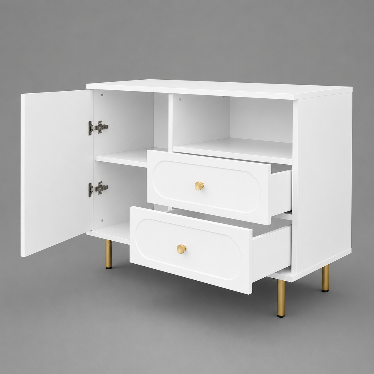 Comodă CORTONA albă cu 1 ușă și 2 sertare, MDF frezat oval vopsit, 105x40x80 cm Arboteca