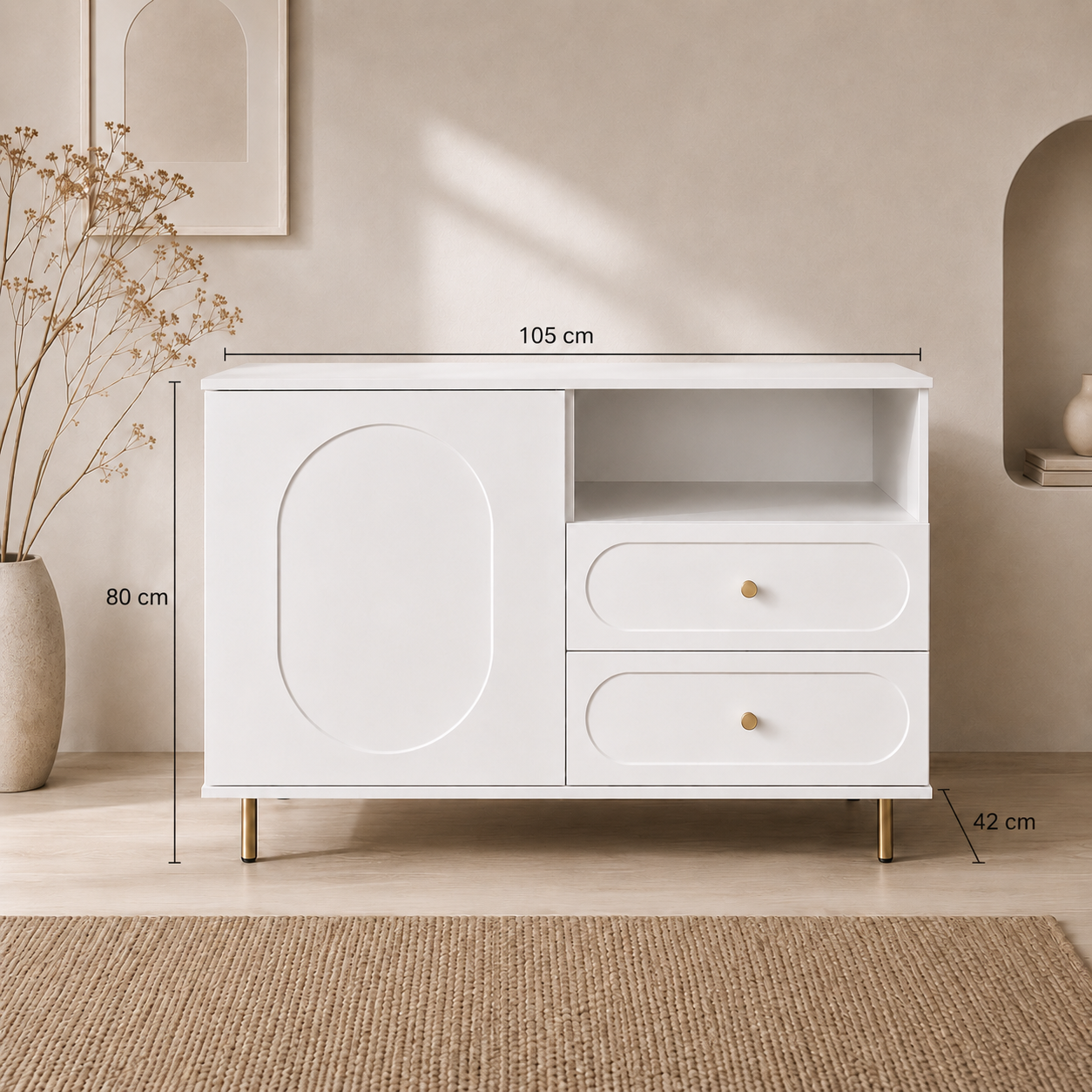 Comodă CORTONA albă cu 1 ușă și 2 sertare, MDF frezat oval vopsit, 105x40x80 cm Arboteca