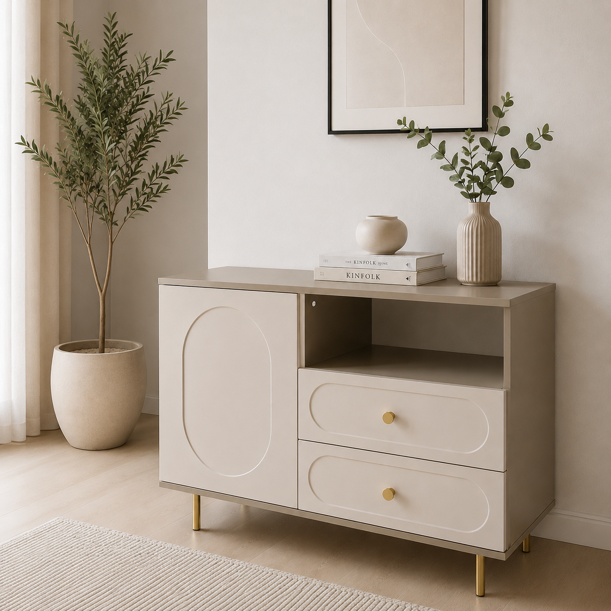 Comodă CORTONA cașmir bazalt cu 1 ușă și 2 sertare, MDF frezat oval vopsit, 105x40x80 cm Default Title Arboteca