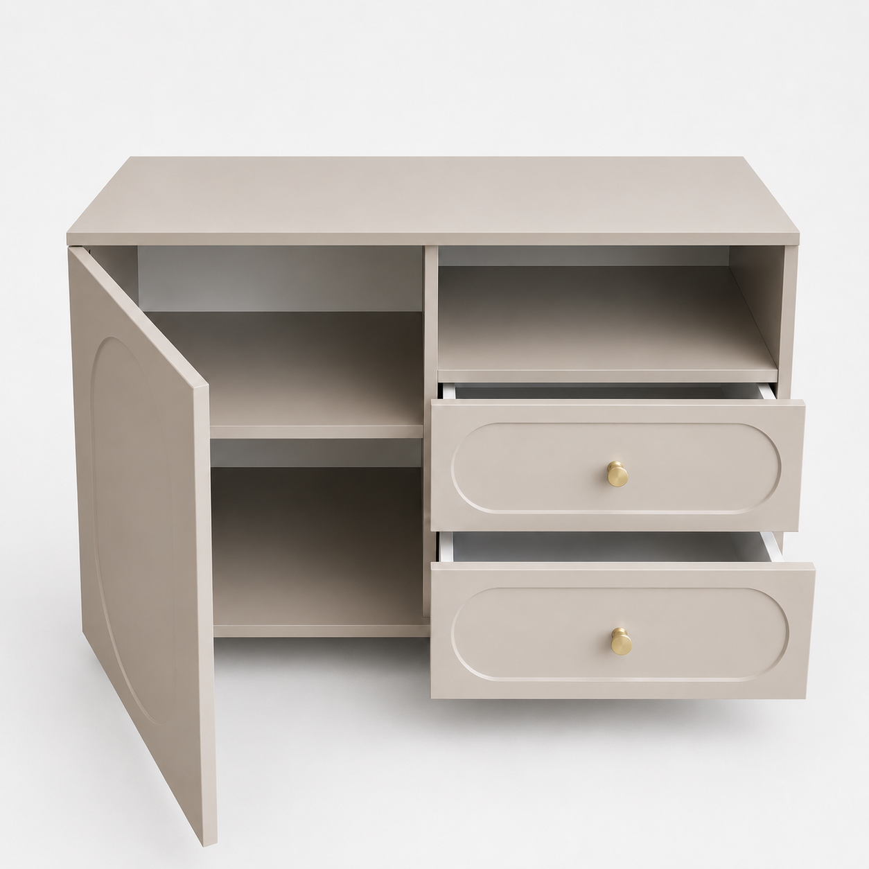 Comodă CORTONA cașmir bazalt cu 1 ușă și 2 sertare, MDF frezat oval vopsit, 105x40x80 cm Arboteca