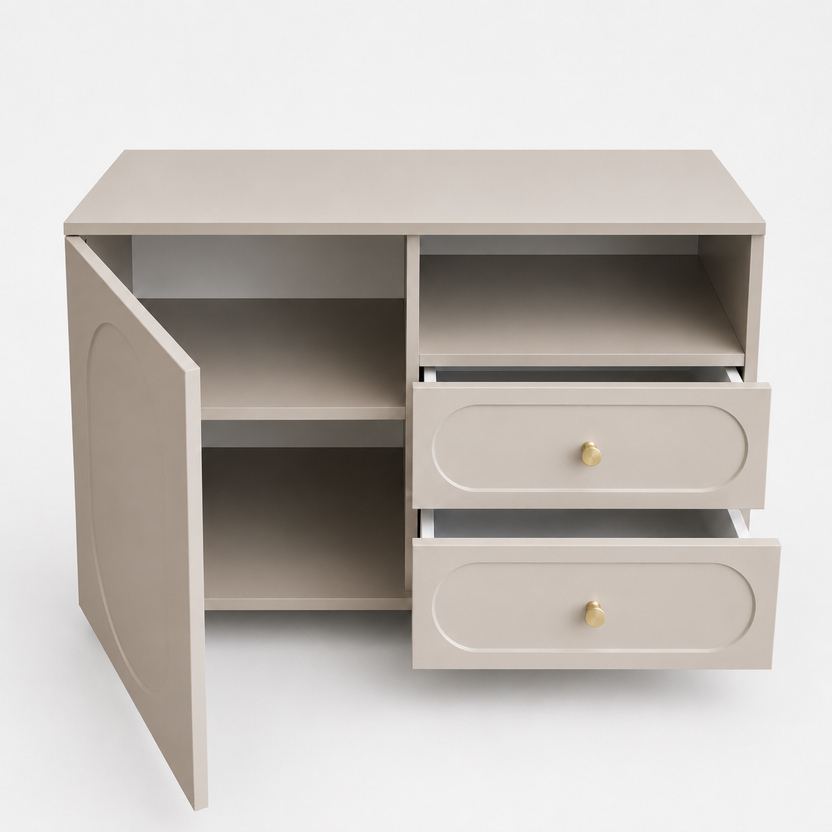 Comodă CORTONA cașmir bazalt cu 1 ușă și 2 sertare, MDF frezat oval vopsit, 105x40x80 cm Arboteca
