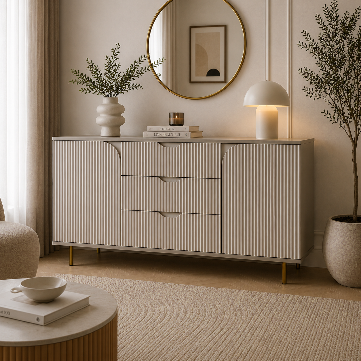 Comodă IBIZA cu 3 sertare și 2 uși, MDF vopsit riflat, cașmir și bazalt, 150x40x80 cm Default Title Arboteca