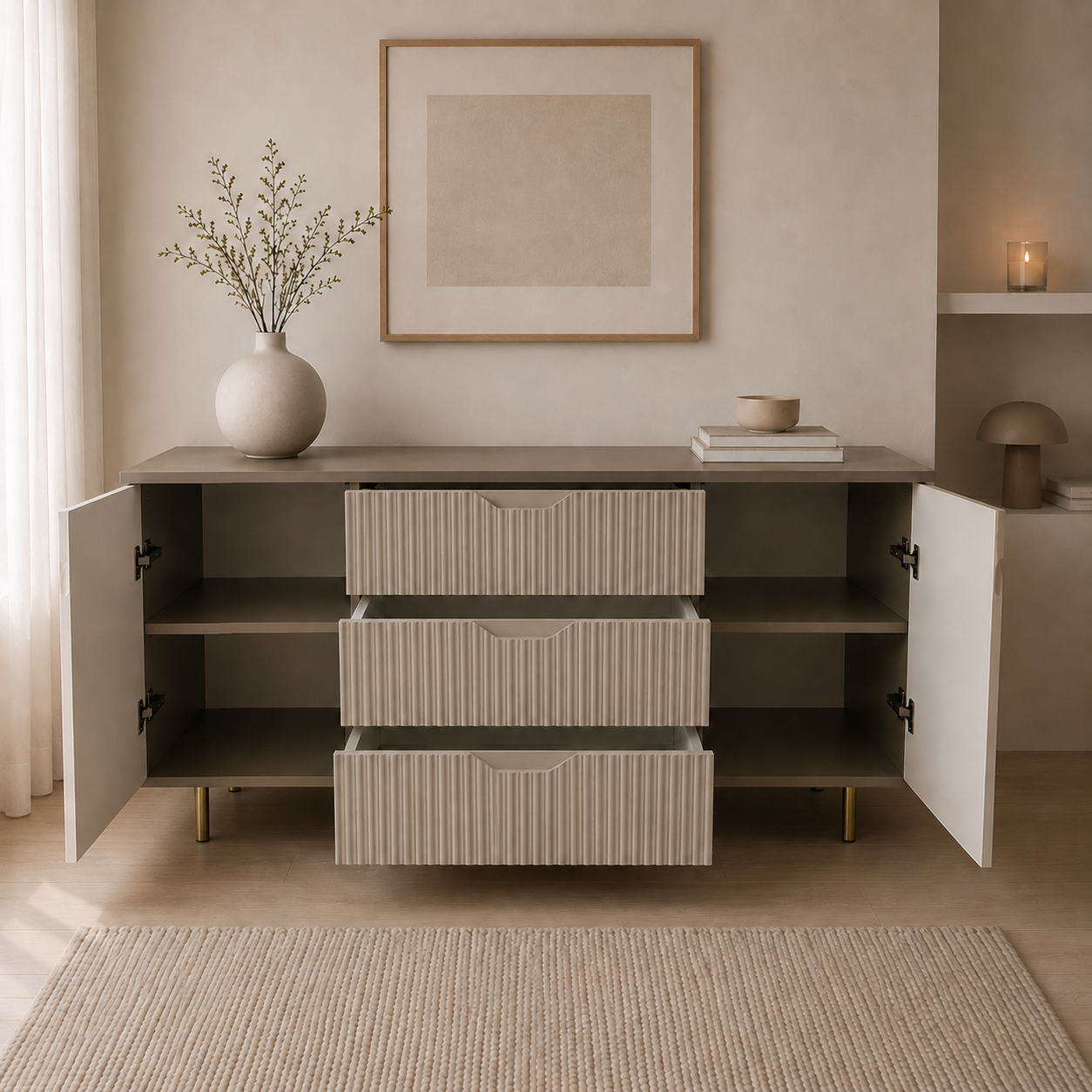 Comodă IBIZA cu 3 sertare și 2 uși, MDF vopsit riflat, cașmir și bazalt, 150x40x80 cm Arboteca