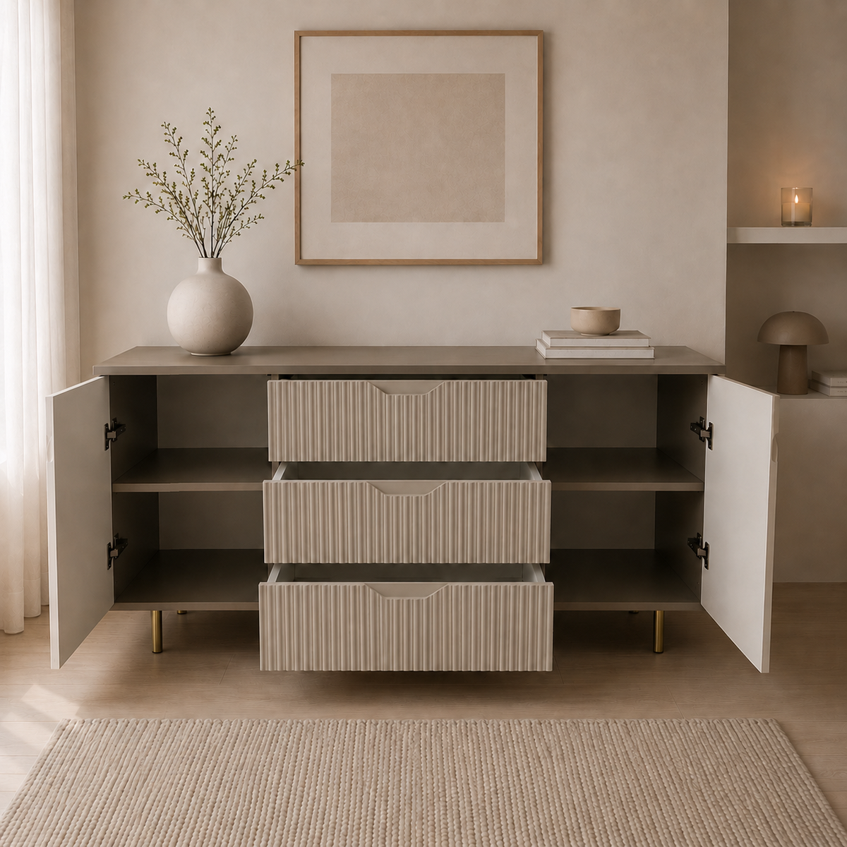 Comodă IBIZA cu 3 sertare și 2 uși, MDF vopsit riflat, cașmir și bazalt, 150x40x80 cm Arboteca