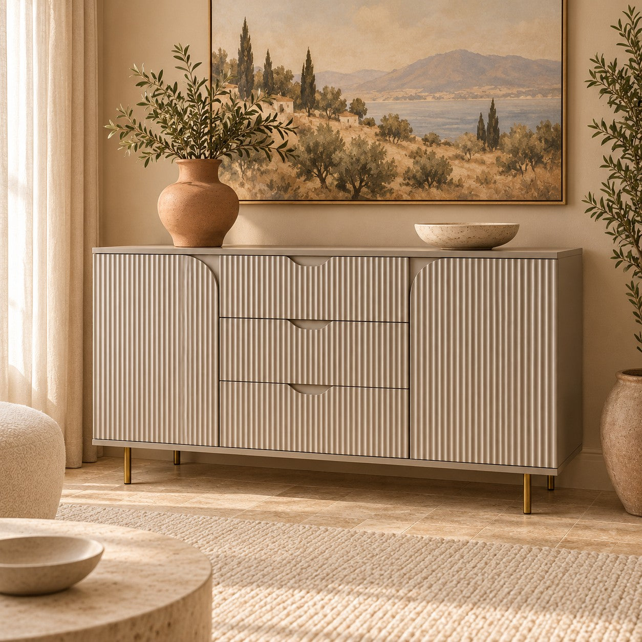 Comodă IBIZA cu 3 sertare și 2 uși, MDF vopsit riflat, cașmir și bazalt, 150x40x80 cm Default Title Arboteca