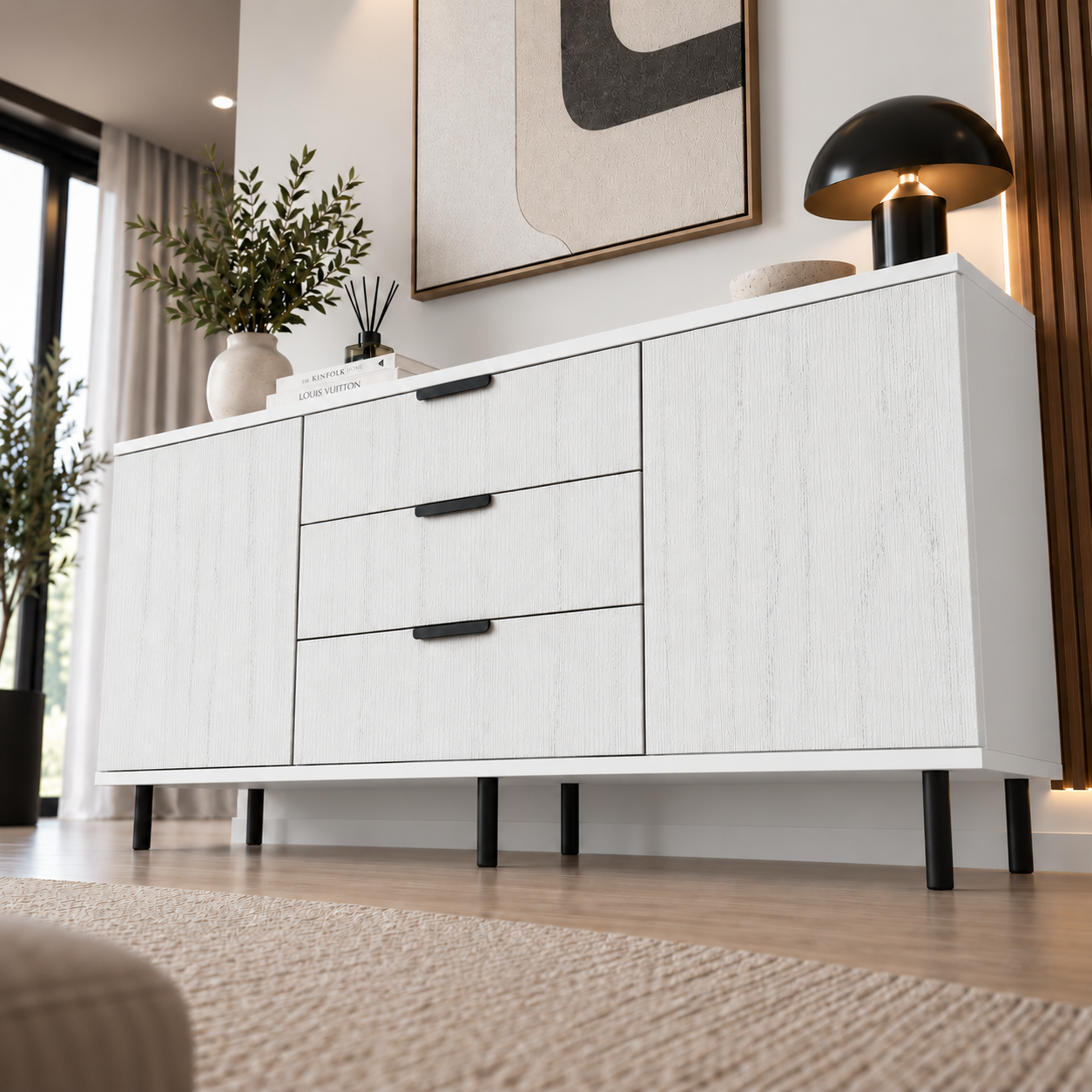 Comodă MANAROLA cu corp alb, 3 sertare și 2 uși, fronturi MDF decor stejar, 150x40x80 cm Arboteca