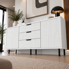 Comodă MANAROLA cu corp alb, 3 sertare și 2 uși, fronturi MDF decor stejar, 150x40x80 cm Arboteca