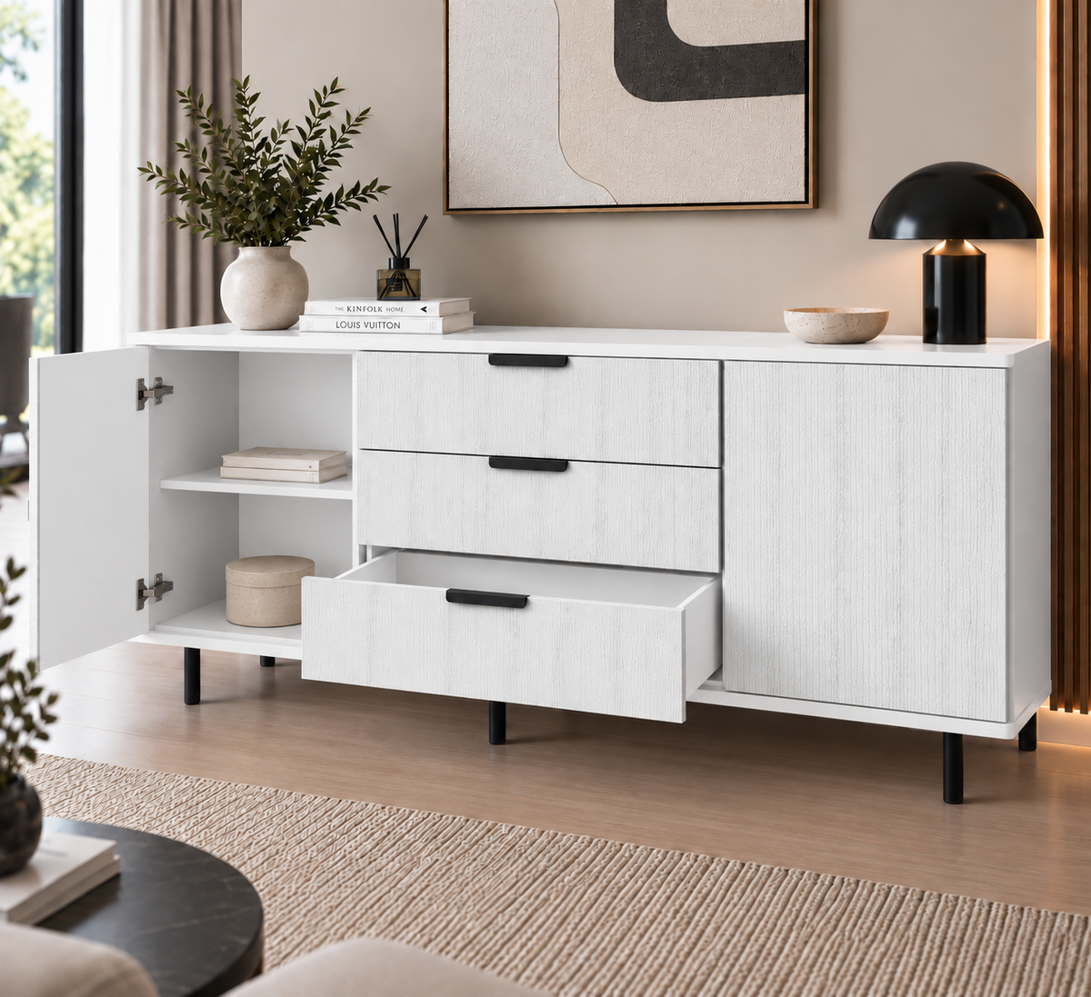 Comodă MANAROLA cu corp alb, 3 sertare și 2 uși, fronturi MDF decor stejar, 150x40x80 cm Arboteca