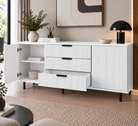 Comodă MANAROLA cu corp alb, 3 sertare și 2 uși, fronturi MDF decor stejar, 150x40x80 cm Arboteca