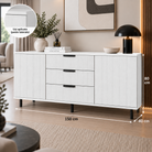 Comodă MANAROLA cu corp alb, 3 sertare și 2 uși, fronturi MDF decor stejar, 150x40x80 cm Arboteca