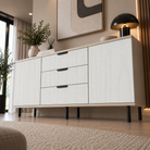 Comodă MANAROLA cu corp cașmir deschis, 3 sertare și 2 uși, fronturi MDF decor stejar, 150x40x80 cm Arboteca