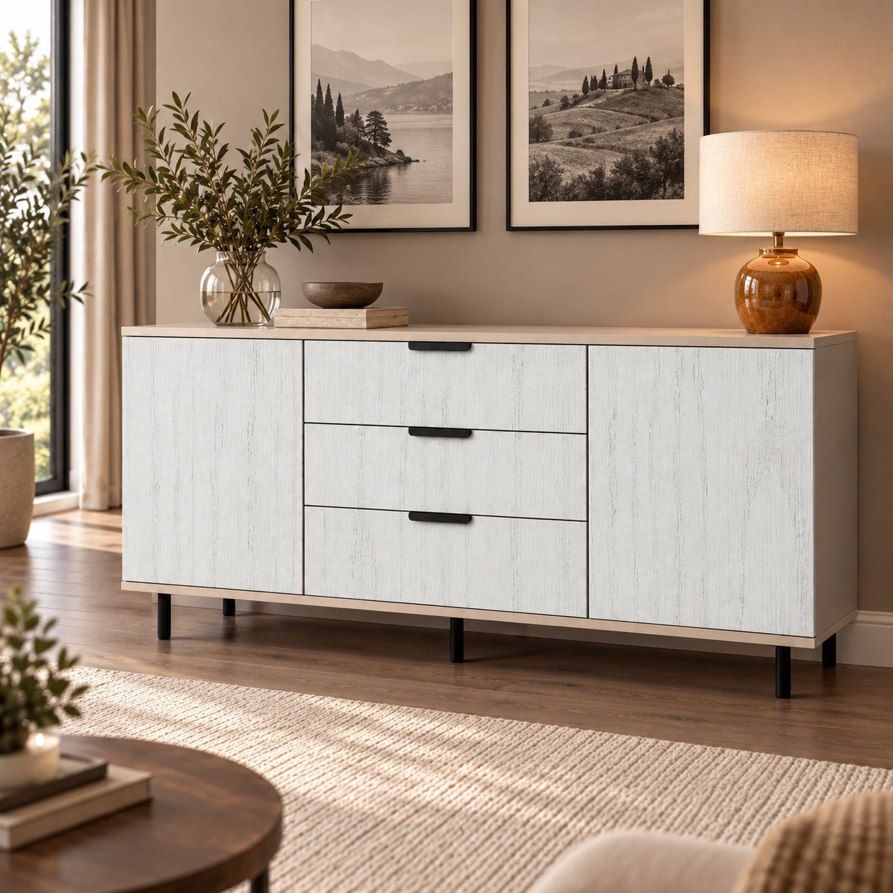 Comodă MANAROLA cu corp cașmir deschis, 3 sertare și 2 uși, fronturi MDF decor stejar, 150x40x80 cm Default Title Arboteca