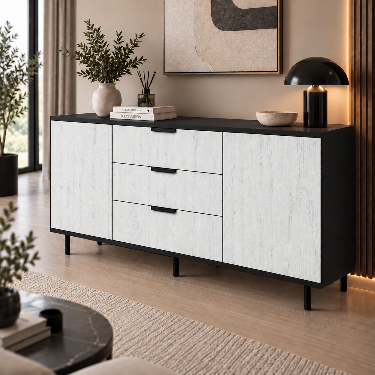 Comodă MANAROLA cu corp negru, 3 sertare și 2 uși, fronturi MDF decor stejar, 150x40x80 cm Default Title Arboteca
