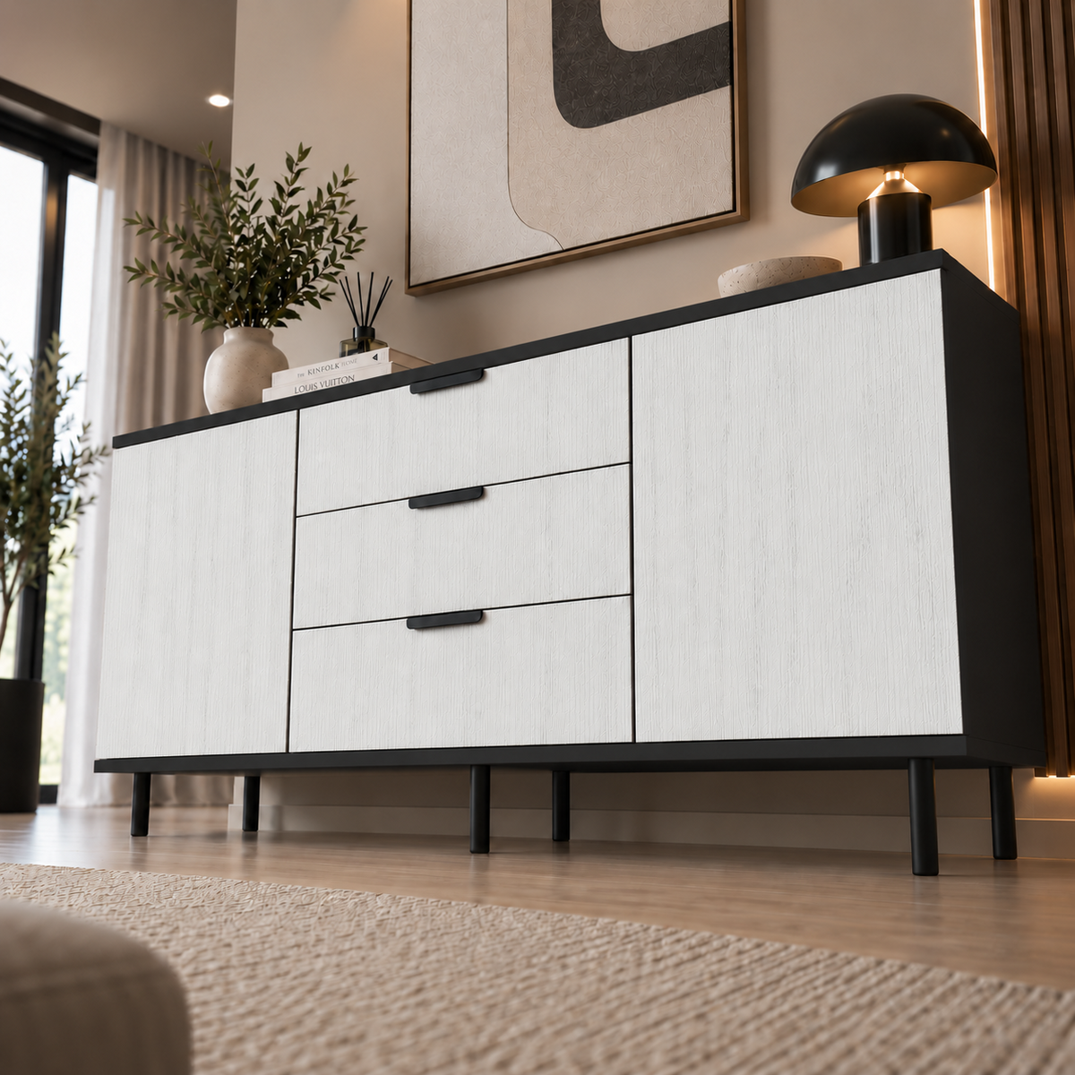 Comodă MANAROLA cu corp negru, 3 sertare și 2 uși, fronturi MDF decor stejar, 150x40x80 cm Arboteca