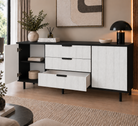 Comodă MANAROLA cu corp negru, 3 sertare și 2 uși, fronturi MDF decor stejar, 150x40x80 cm Arboteca