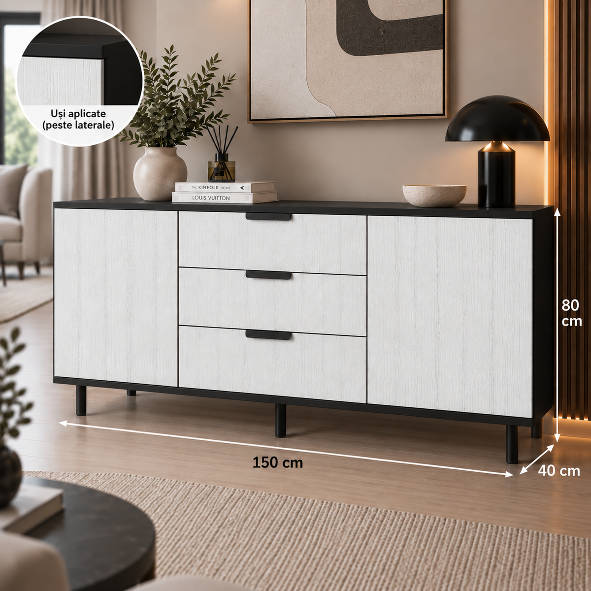 Comodă MANAROLA cu corp negru, 3 sertare și 2 uși, fronturi MDF decor stejar, 150x40x80 cm Arboteca