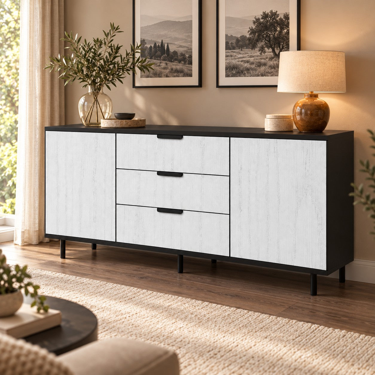 Comodă MANAROLA cu corp negru, 3 sertare și 2 uși, fronturi MDF decor stejar, 150x40x80 cm Default Title Arboteca