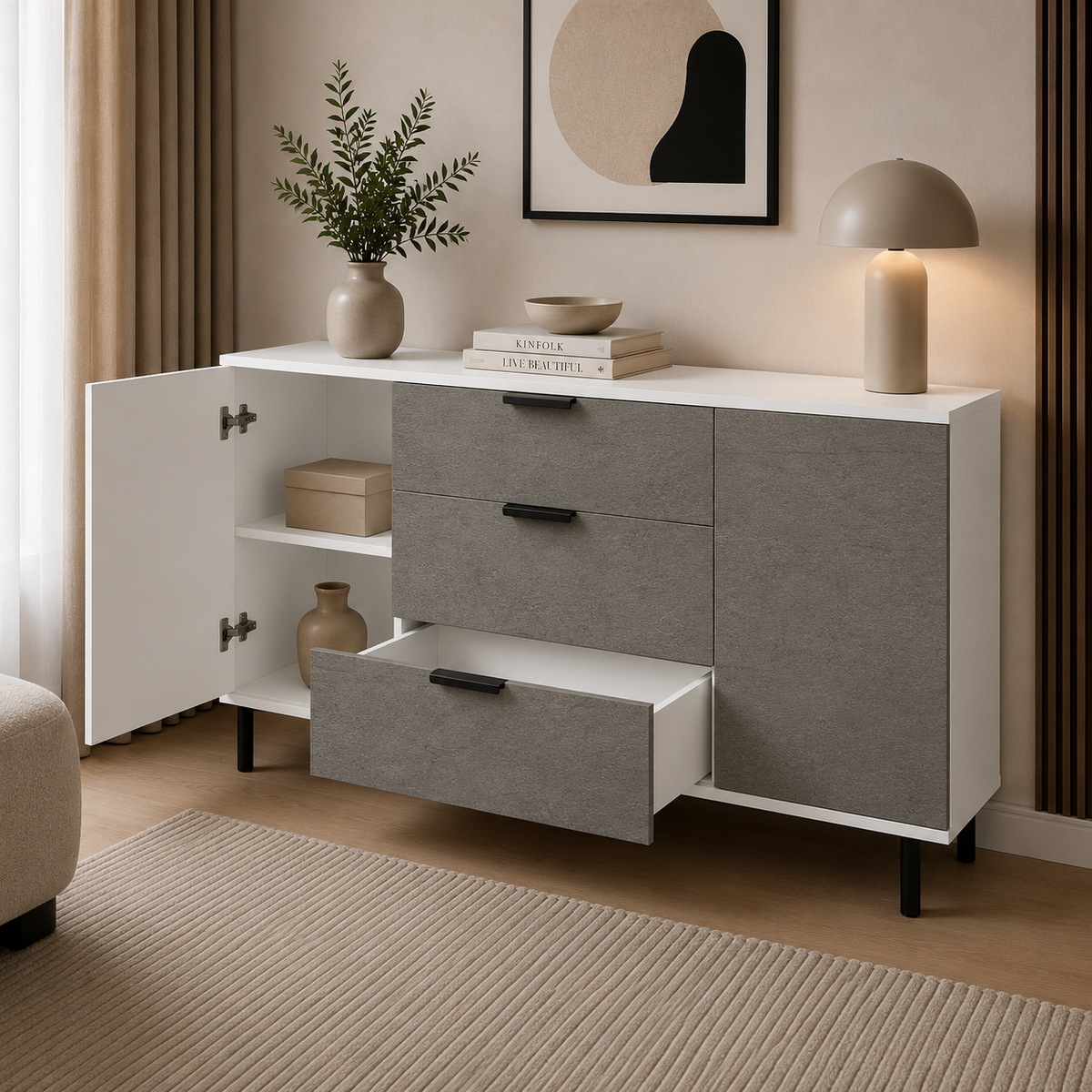 Comodă MARATEA cu corp alb, 3 sertare și 2 uși, fronturi MDF mat cu aspect de piatră, 150x40x80 cm Arboteca