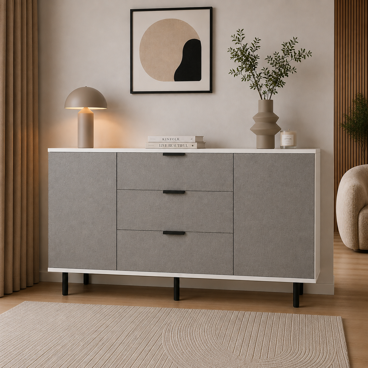 Comodă MARATEA cu corp alb, 3 sertare și 2 uși, fronturi MDF mat cu aspect de piatră, 150x40x80 cm Arboteca