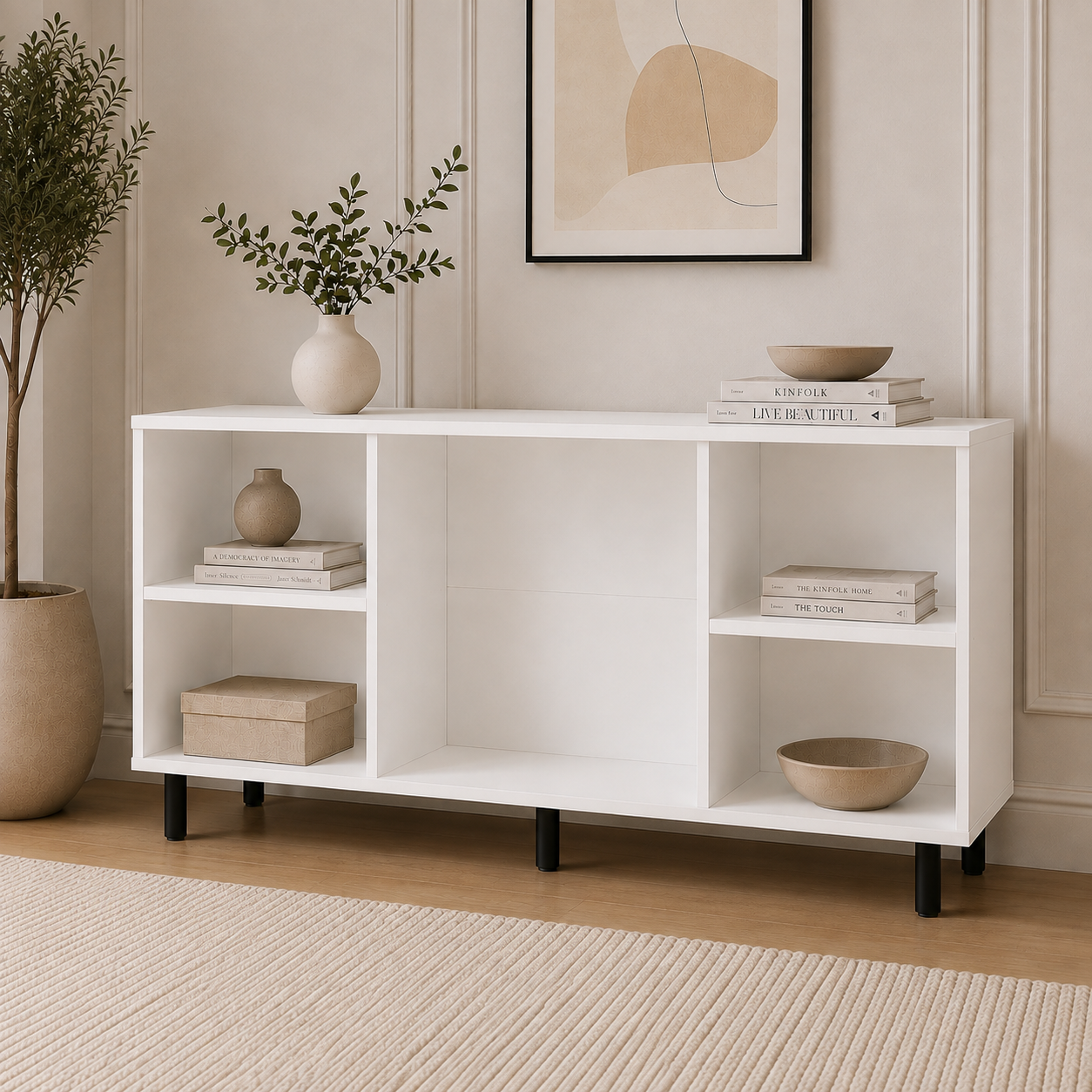 Comodă MARATEA cu corp alb, 3 sertare și 2 uși, fronturi MDF mat cu aspect de piatră, 150x40x80 cm Arboteca
