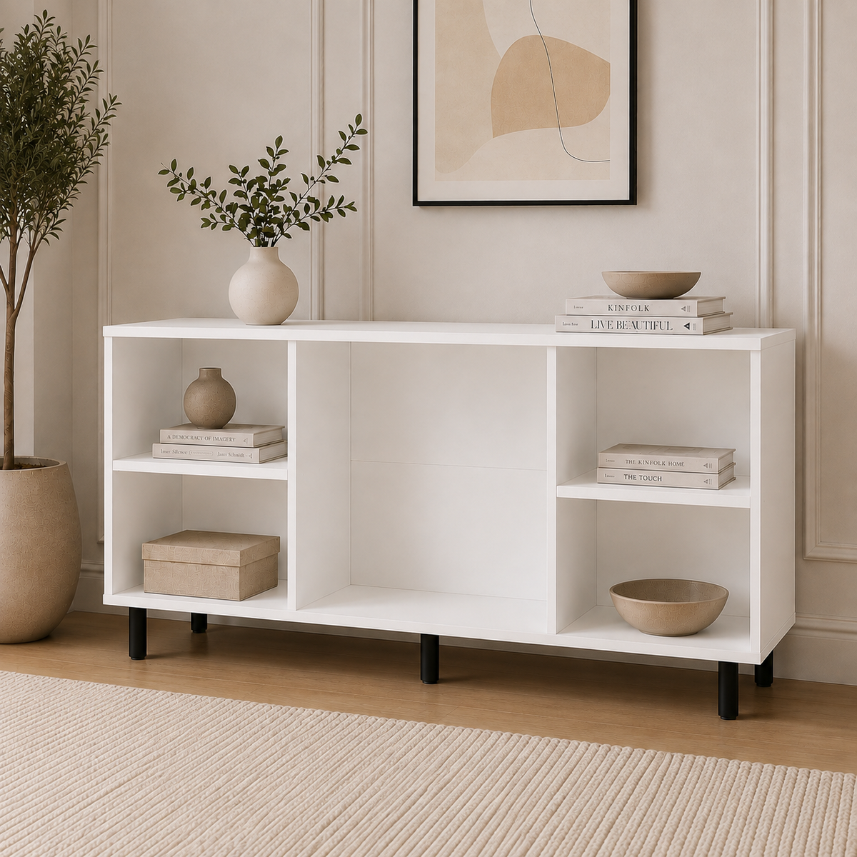 Comodă MARATEA cu corp alb, 3 sertare și 2 uși, fronturi MDF mat cu aspect de piatră, 150x40x80 cm Arboteca