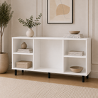 Comodă MARATEA cu corp alb, 3 sertare și 2 uși, fronturi MDF mat cu aspect de piatră, 150x40x80 cm Arboteca