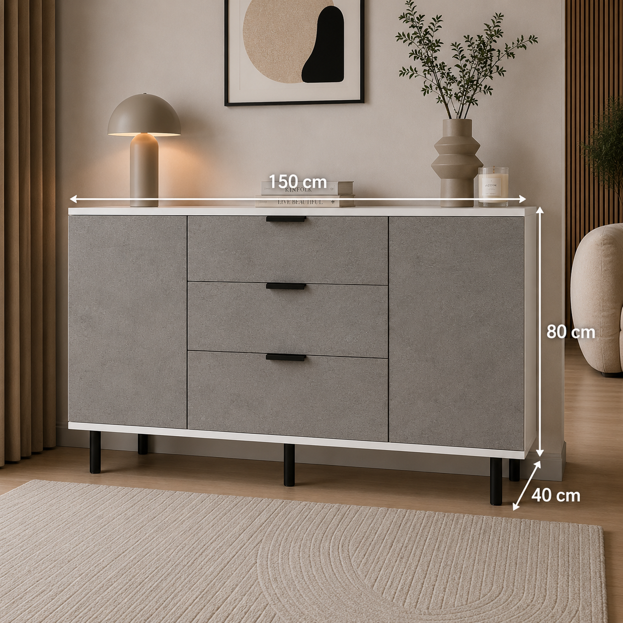Comodă MARATEA cu corp alb, 3 sertare și 2 uși, fronturi MDF mat cu aspect de piatră, 150x40x80 cm Arboteca