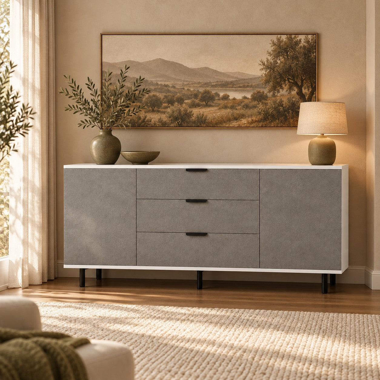 Comodă MARATEA cu corp alb, 3 sertare și 2 uși, fronturi MDF mat cu aspect de piatră, 150x40x80 cm Default Title Arboteca