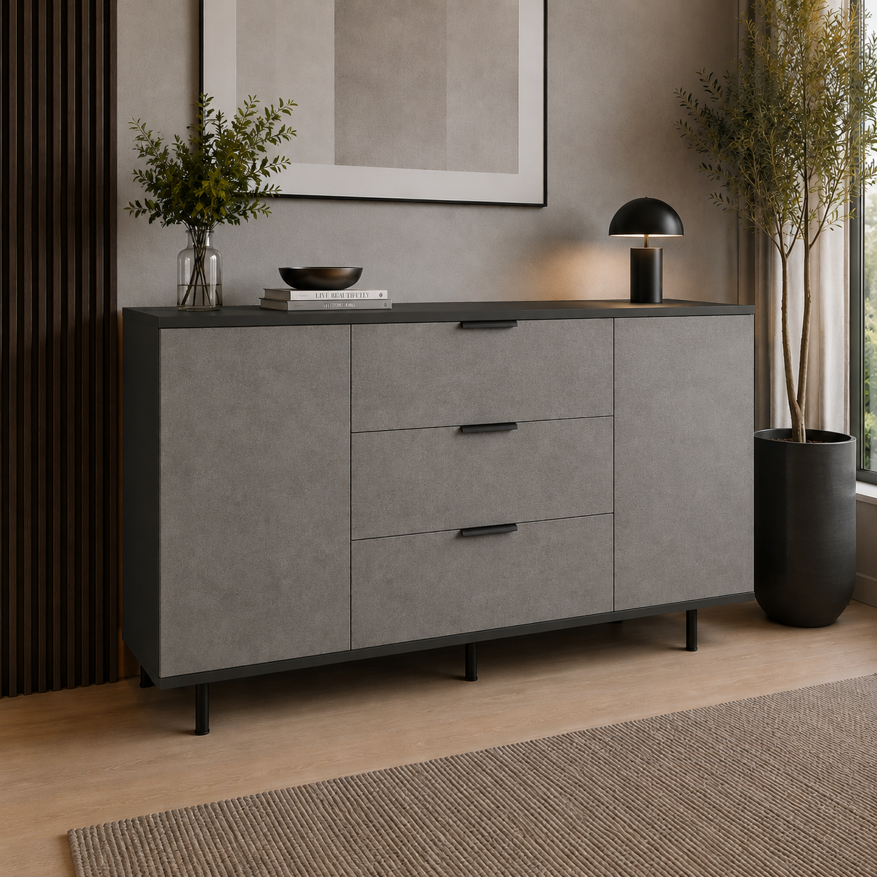 Comodă MARATEA cu corp antracit, 3 sertare și 2 uși, fronturi MDF mat cu aspect de piatră, 150x40x80 cm Default Title Arboteca