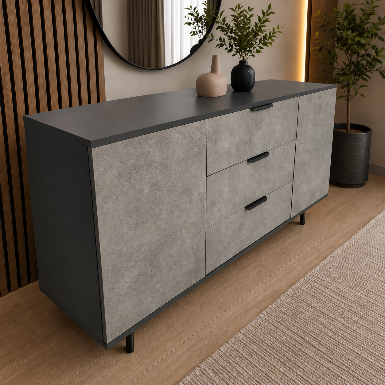 Comodă MARATEA cu corp antracit, 3 sertare și 2 uși, fronturi MDF mat cu aspect de piatră, 150x40x80 cm Arboteca