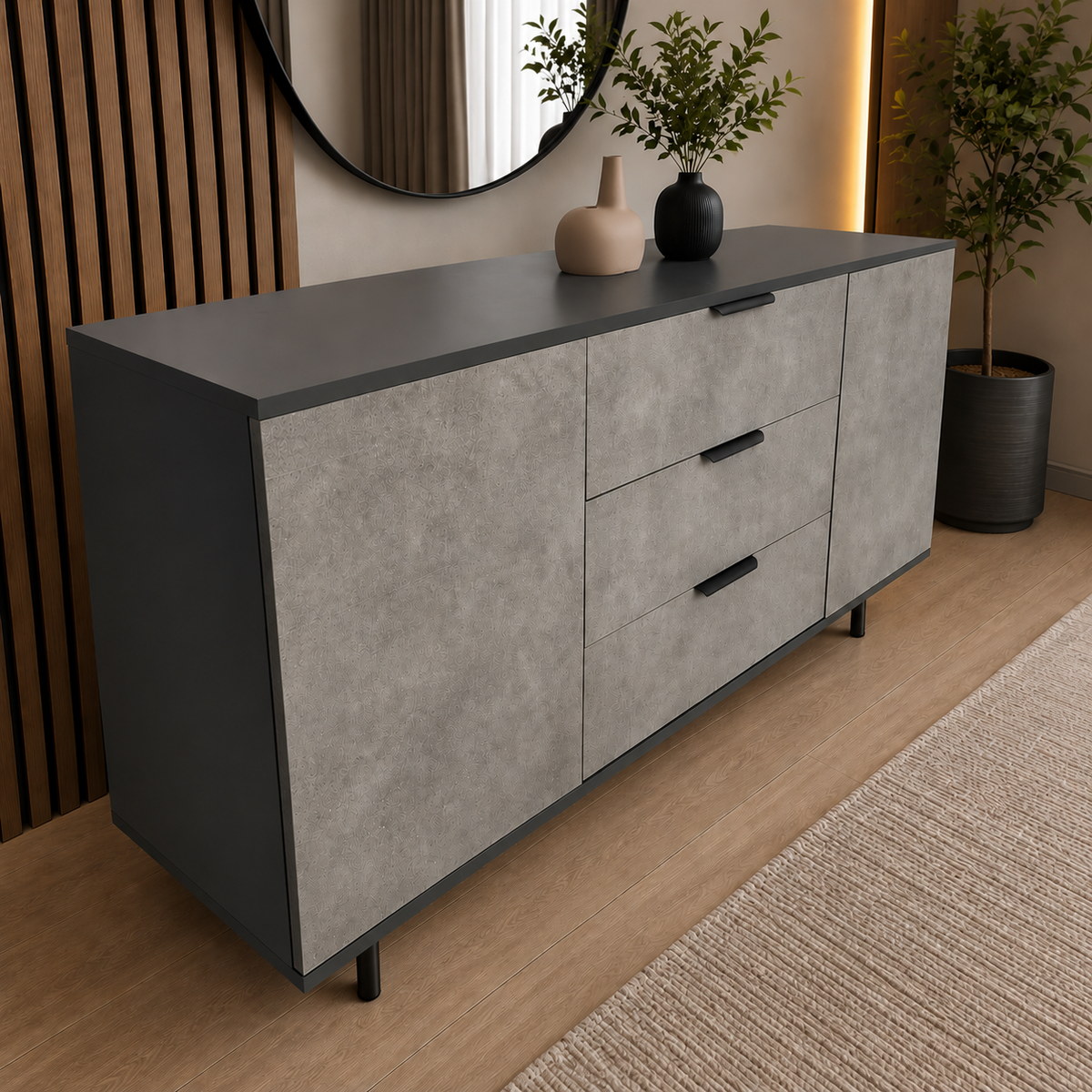 Comodă MARATEA cu corp antracit, 3 sertare și 2 uși, fronturi MDF mat cu aspect de piatră, 150x40x80 cm Arboteca