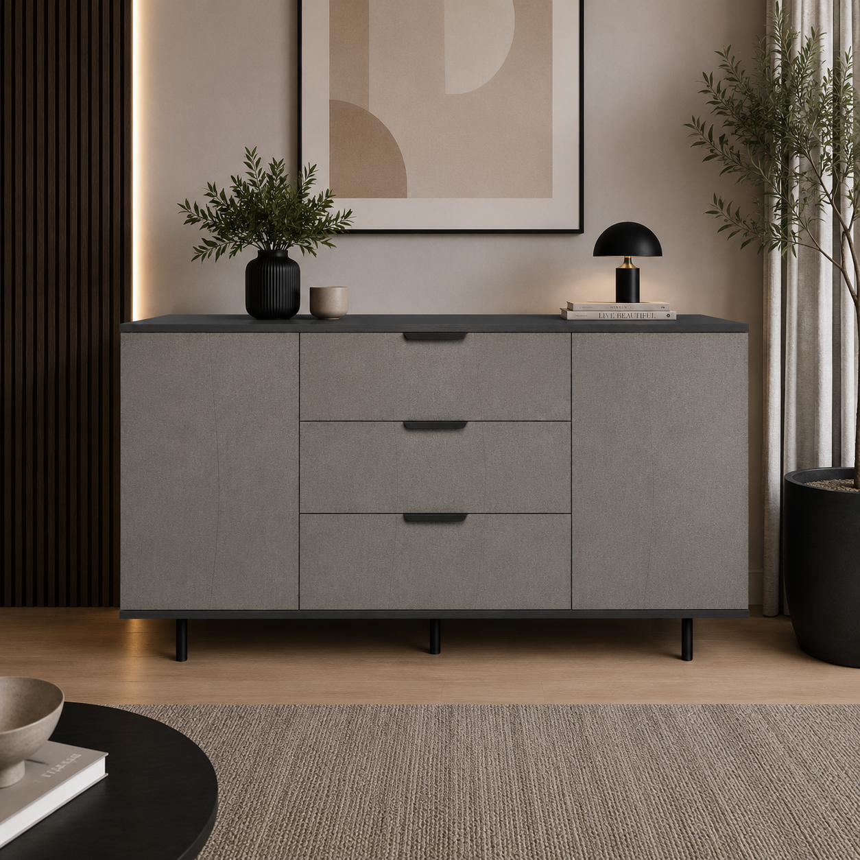 Comodă MARATEA cu corp antracit, 3 sertare și 2 uși, fronturi MDF mat cu aspect de piatră, 150x40x80 cm Arboteca