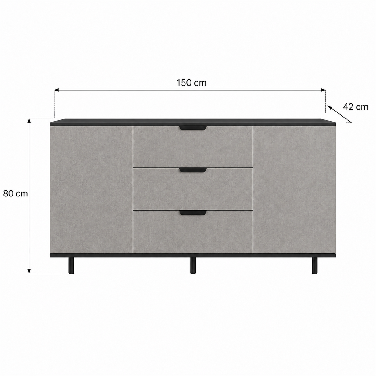 Comodă MARATEA cu corp antracit, 3 sertare și 2 uși, fronturi MDF mat cu aspect de piatră, 150x40x80 cm Arboteca