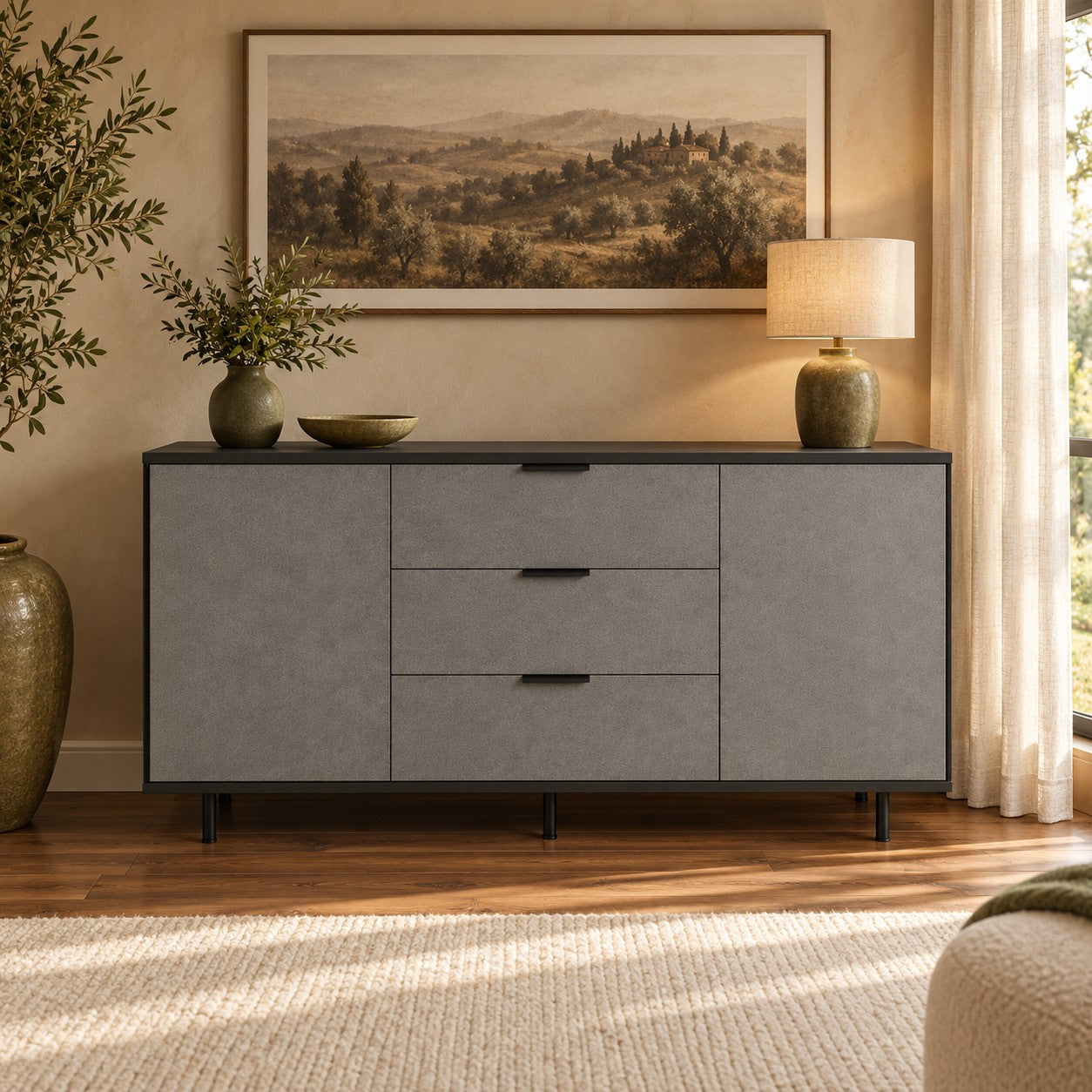 Comodă MARATEA cu corp antracit, 3 sertare și 2 uși, fronturi MDF mat cu aspect de piatră, 150x40x80 cm Default Title Arboteca