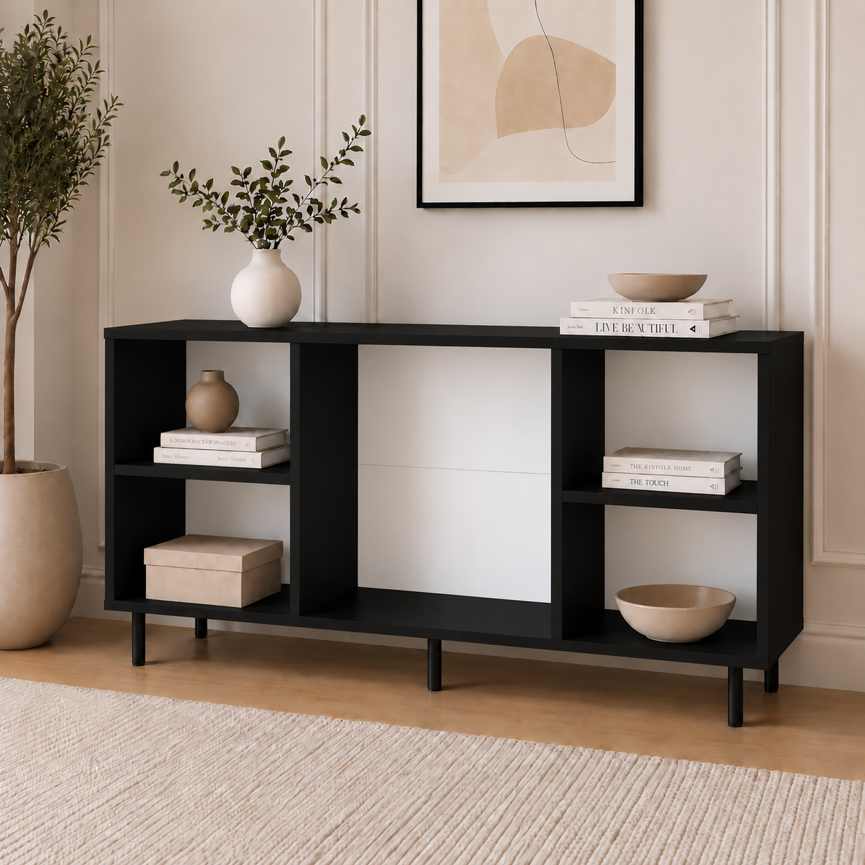 Comodă MARATEA cu corp negru, 3 sertare și 2 uși, fronturi MDF mat cu aspect de piatră, 150x40x80 cm Arboteca