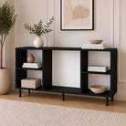 Comodă MARATEA cu corp negru, 3 sertare și 2 uși, fronturi MDF mat cu aspect de piatră, 150x40x80 cm Arboteca