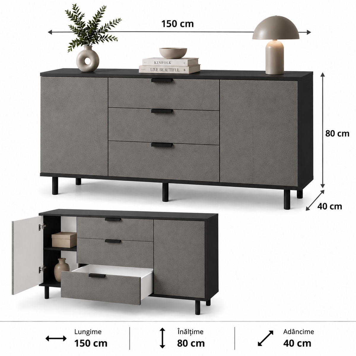 Comodă MARATEA cu corp negru, 3 sertare și 2 uși, fronturi MDF mat cu aspect de piatră, 150x40x80 cm Arboteca