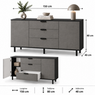 Comodă MARATEA cu corp negru, 3 sertare și 2 uși, fronturi MDF mat cu aspect de piatră, 150x40x80 cm Arboteca
