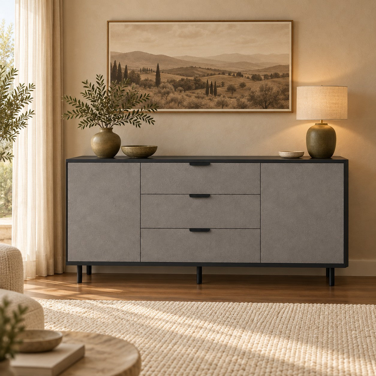 Comodă MARATEA cu corp negru, 3 sertare și 2 uși, fronturi MDF mat cu aspect de piatră, 150x40x80 cm Default Title Arboteca