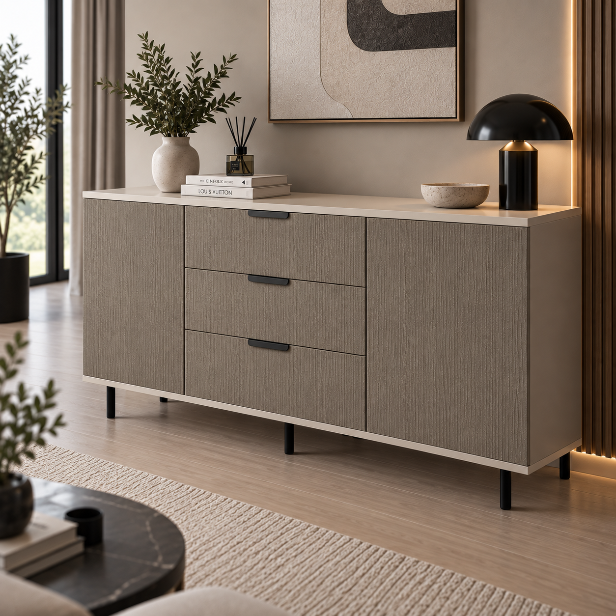 Comodă MENORCA cu corp casmir deschis, 3 sertare și 2 uși, fronturi MDF maro cu textură liniară, 150x40x80 cm Arboteca