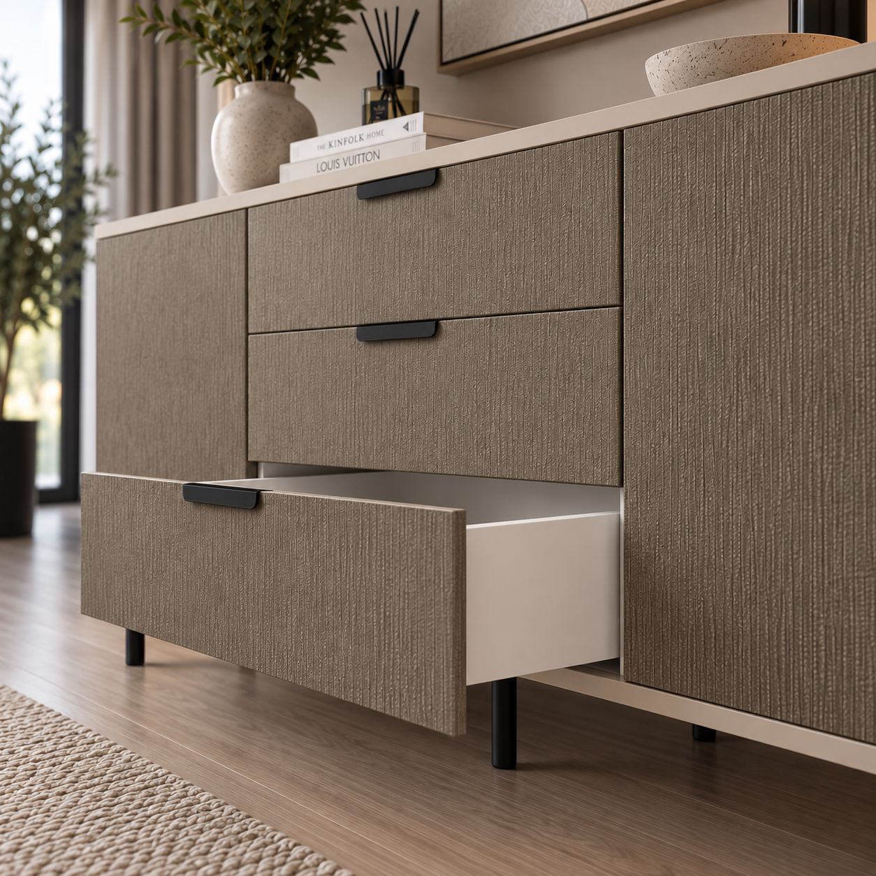 Comodă MENORCA cu corp casmir deschis, 3 sertare și 2 uși, fronturi MDF maro cu textură liniară, 150x40x80 cm Arboteca