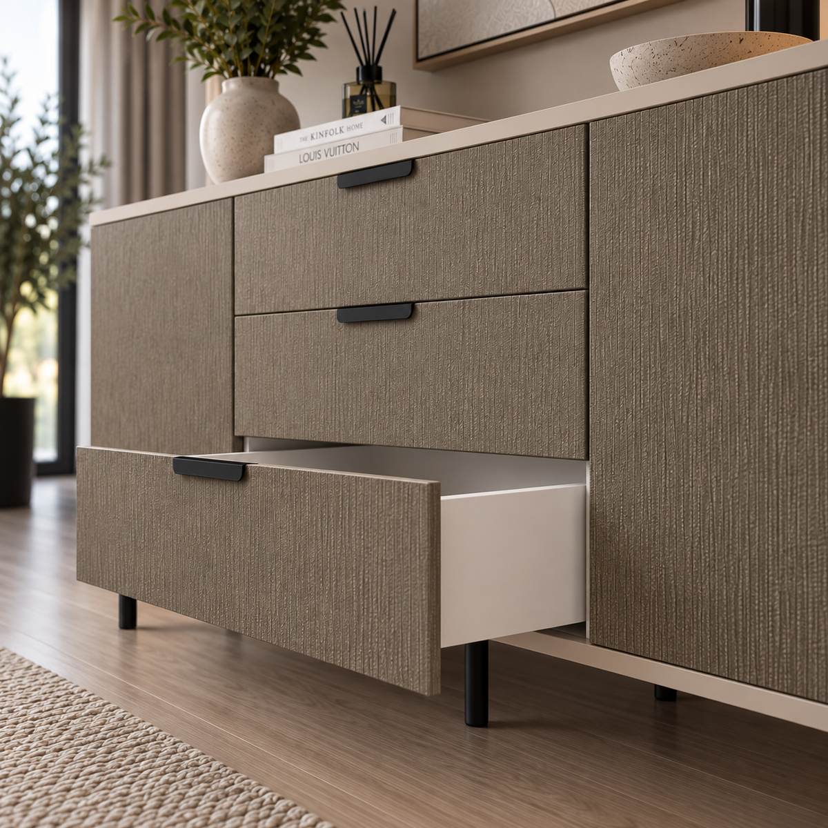 Comodă MENORCA cu corp casmir deschis, 3 sertare și 2 uși, fronturi MDF maro cu textură liniară, 150x40x80 cm Arboteca