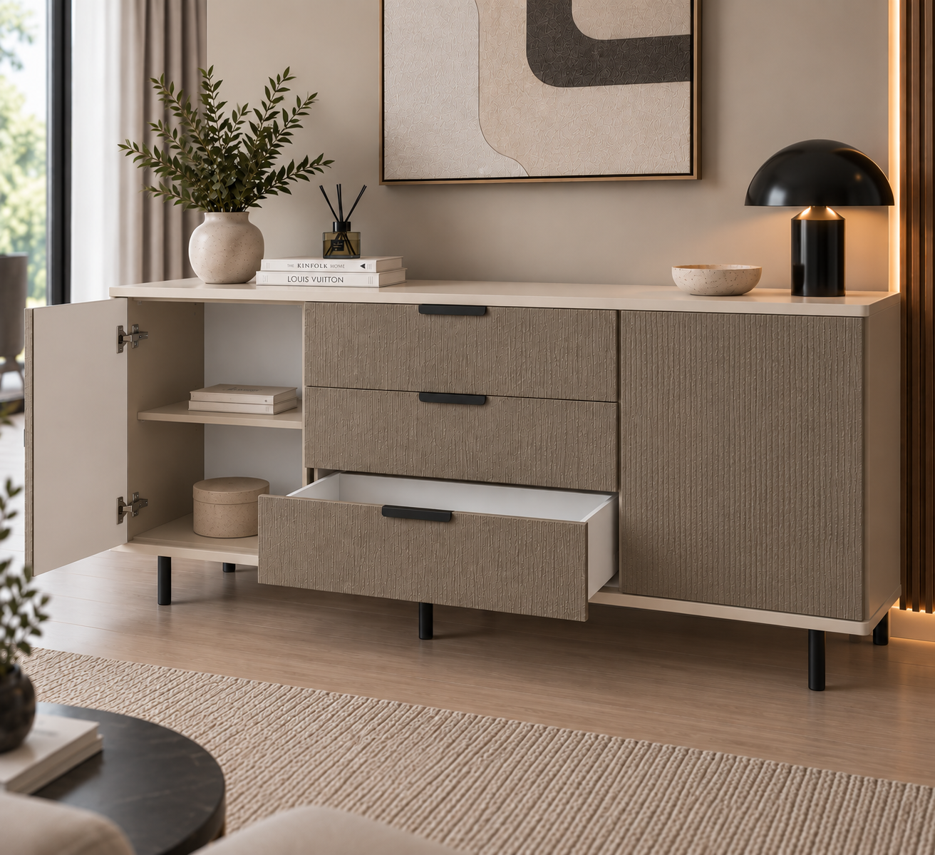 Comodă MENORCA cu corp casmir deschis, 3 sertare și 2 uși, fronturi MDF maro cu textură liniară, 150x40x80 cm Arboteca