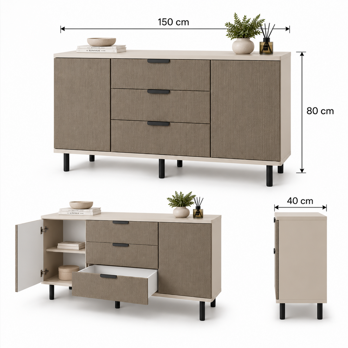Comodă MENORCA cu corp casmir deschis, 3 sertare și 2 uși, fronturi MDF maro cu textură liniară, 150x40x80 cm Arboteca
