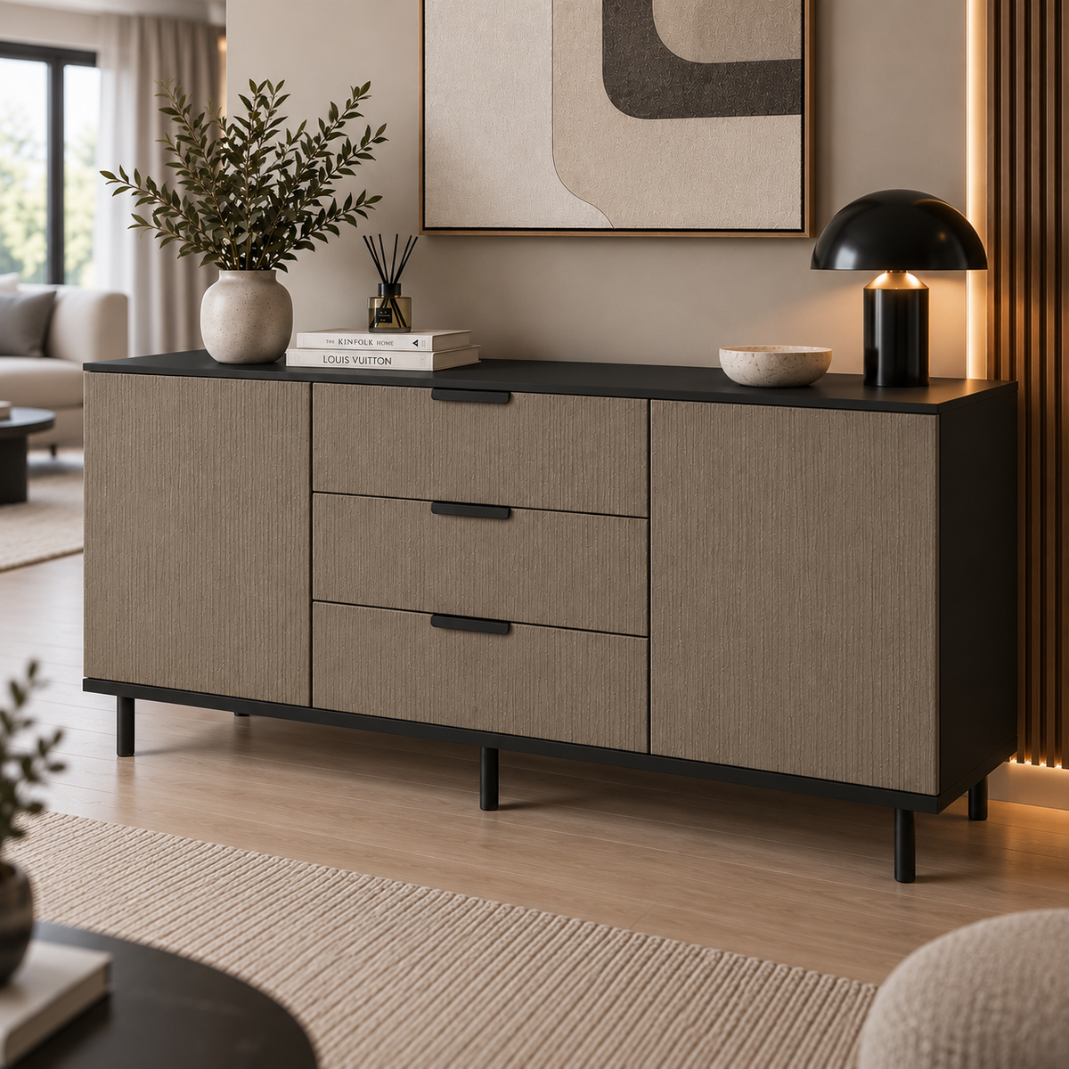 Comodă MENORCA cu corp negru, 3 sertare și 2 uși, fronturi MDF maro cu textură liniară, 150x40x80 cm Arboteca