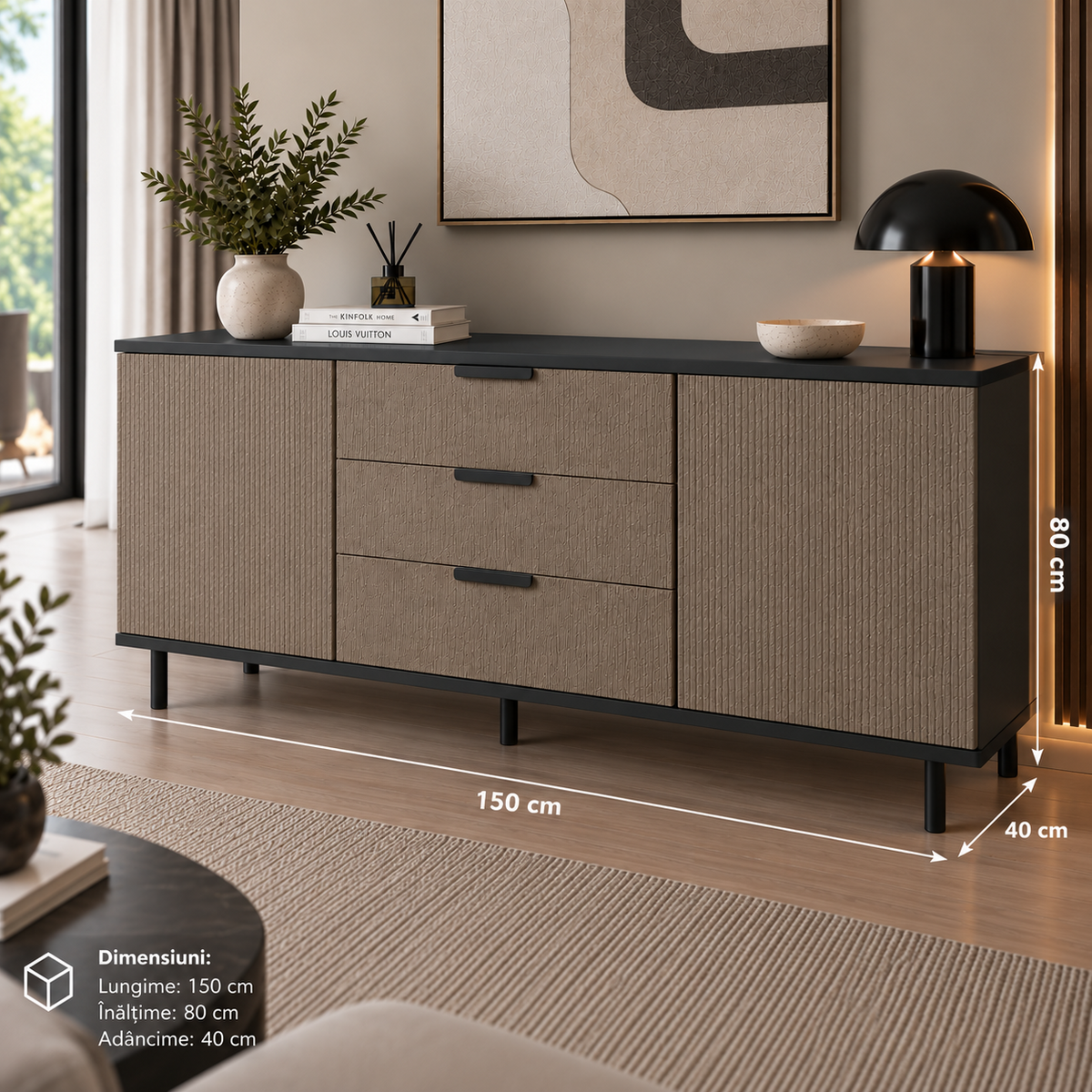 Comodă MENORCA cu corp negru, 3 sertare și 2 uși, fronturi MDF maro cu textură liniară, 150x40x80 cm Arboteca
