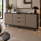 Comodă MENORCA cu corp negru, 3 sertare și 2 uși, fronturi MDF maro cu textură liniară, 150x40x80 cm Arboteca