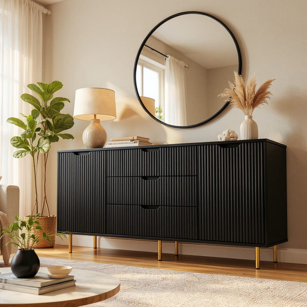 Comodă MENORCA cu 3 sertare, MDF vopsit negru mat, 150x42x80 cm Arboteca